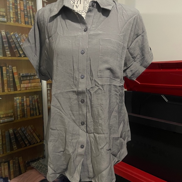 NY Collection Charcoal Button Down Shirt - Picture 1 of 4